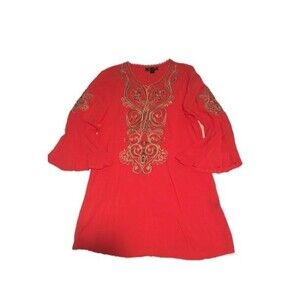 Velzera dress Womens L coral orange bell 3/4 sleeve tunic embroidered Romantic